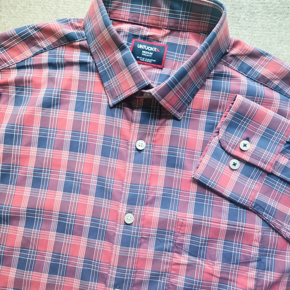 UNTUCKit Hendon Red Blue Plaid Performance Stretch Button Down Shirt Mens Medium